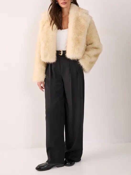 Cream Lemon奶油檸檬色大翻領Vegan皮草短外套