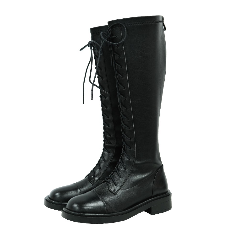 經典方頭低跟綁帶長靴 -2色