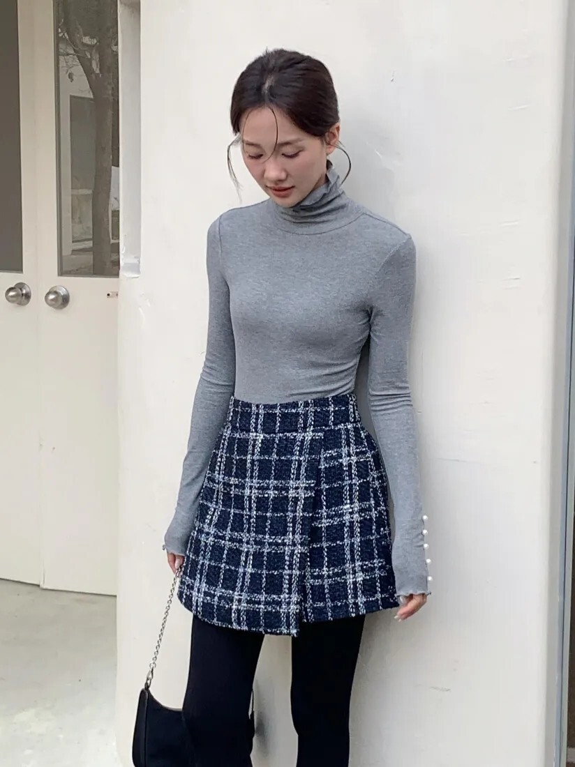 後腰鬆緊配色格紋軟呢短褲裙-S-M / 2色 (Elegant & Love)