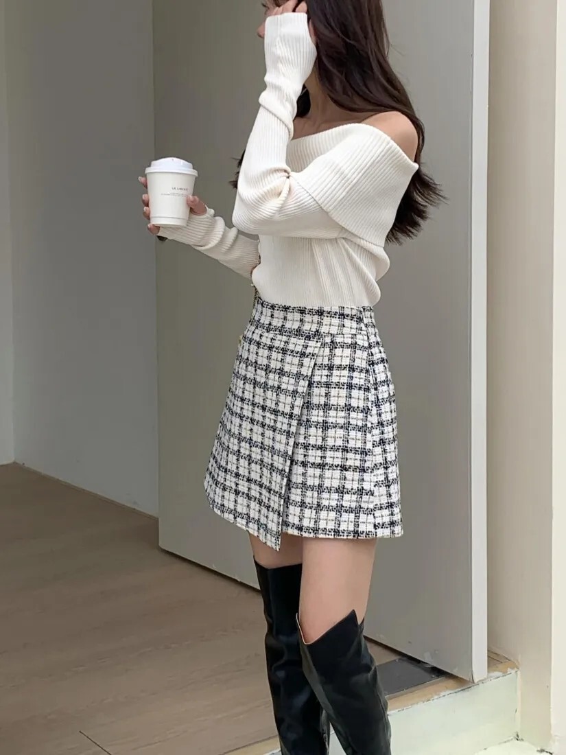 後腰鬆緊配色格紋軟呢短褲裙-S-M / 2色 (Elegant & Love)