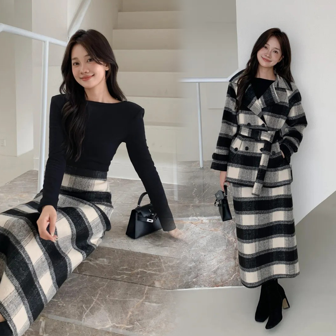 配色黑杏格紋排釦外套+鉛筆長裙SET-S-L (Elegant & Love)