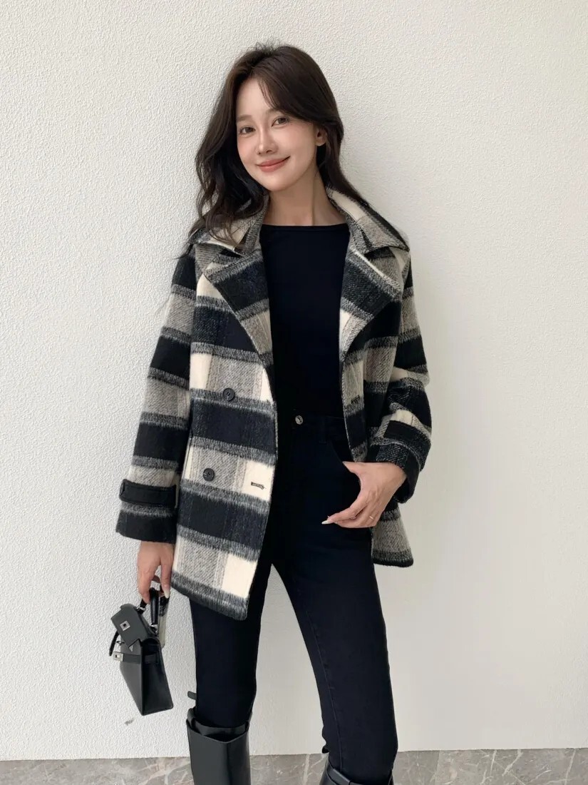 配色黑杏格紋排釦外套+鉛筆長裙SET-S-L (Elegant & Love)
