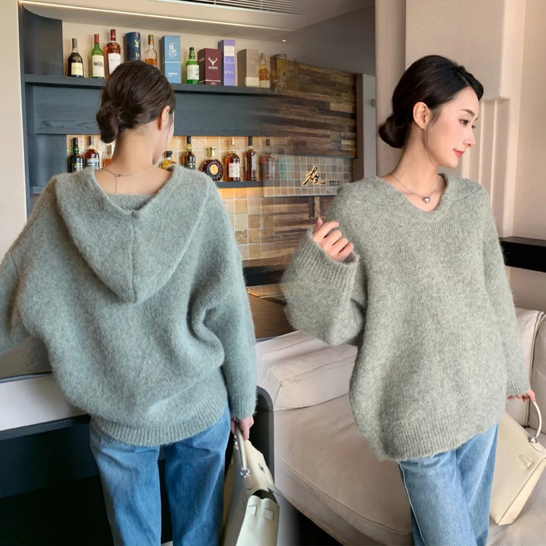 蘋果綠可愛大連帽造型針織上衣毛衣-F (Elegant & Love)