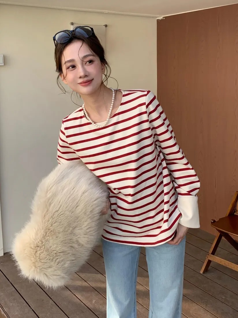 配色反摺手袖造型橫條紋圓領上衣-F / 2色 (Elegant & Love)