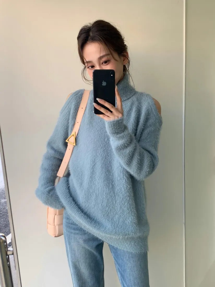 露肩造型溫暖馬海毛高領針織毛衣-F / 3色 (Elegant & Love)