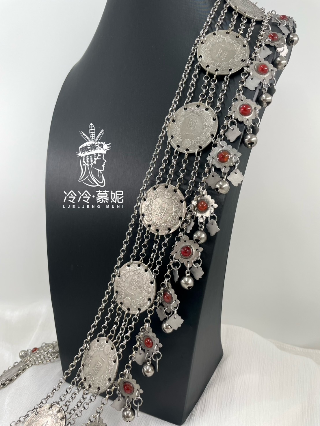 S1-一圓錢幣紅瑪瑙鈴鐺肩背鏈條5*183cm