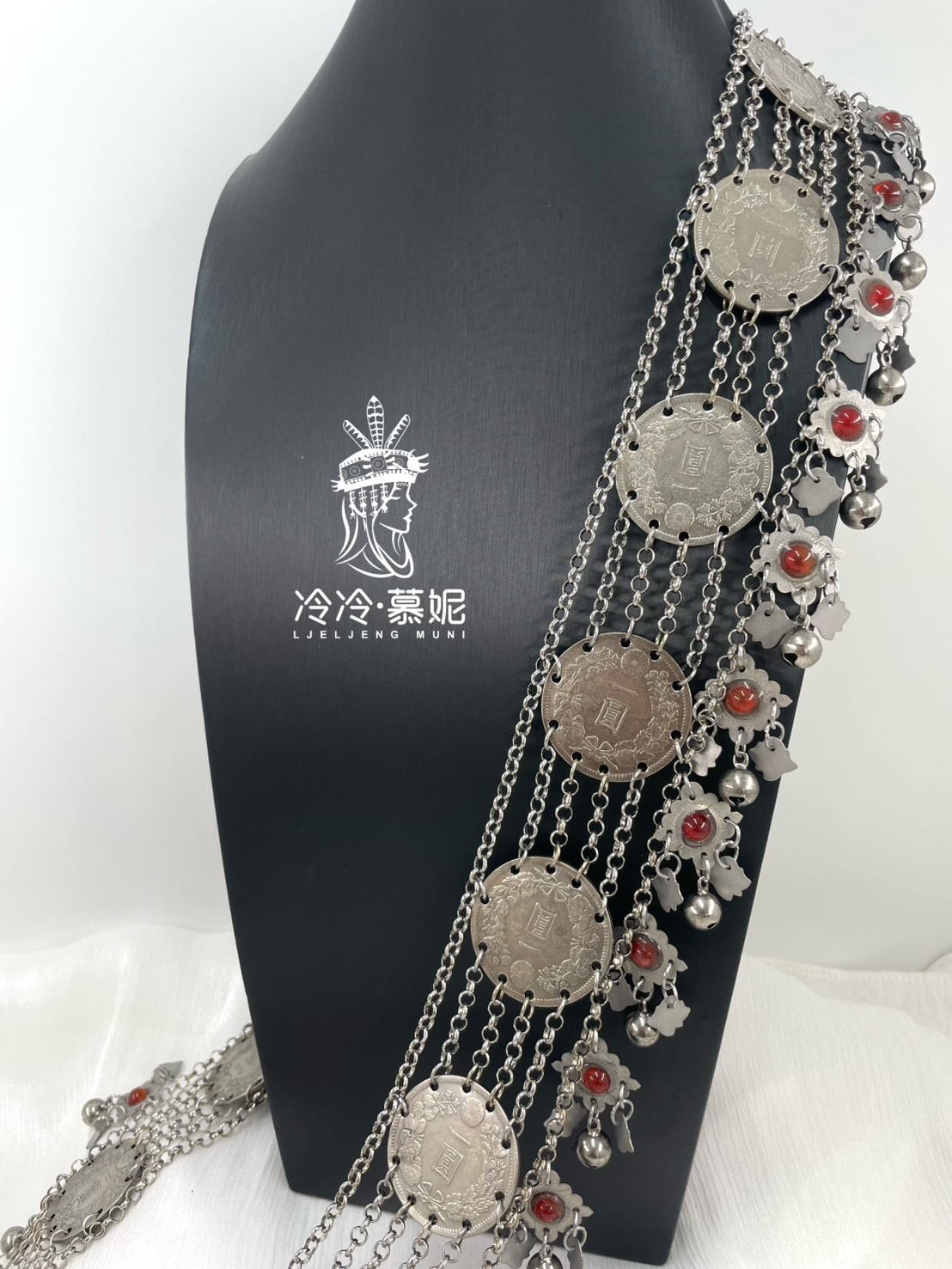 S1-一圓錢幣紅瑪瑙鈴鐺肩背鏈條5*183cm