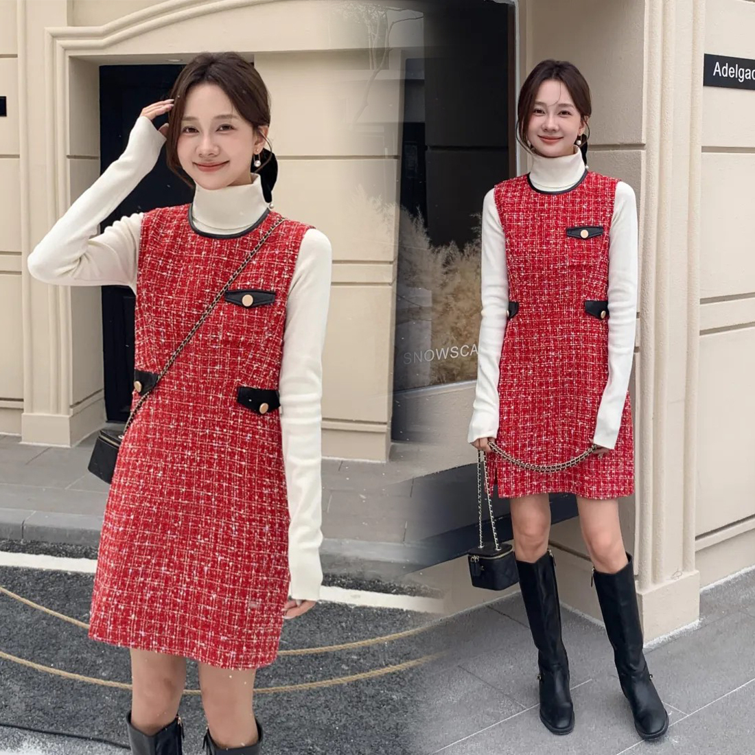 節日氛圍圓領軟呢小香風背心裙短洋裝-S-M / 2色 (Elegant & Love)