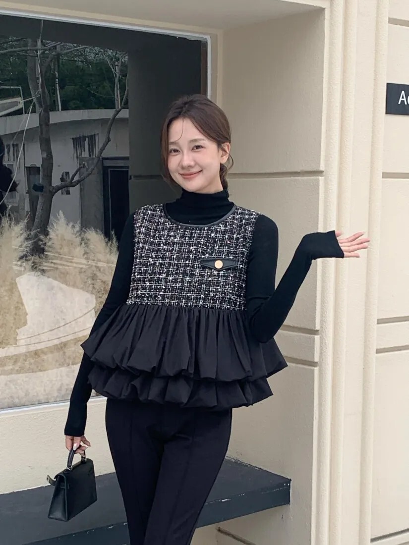 配色軟呢拼接澎澎裙擺造型背心上衣-S-M / 2色 (Elegant & Love)