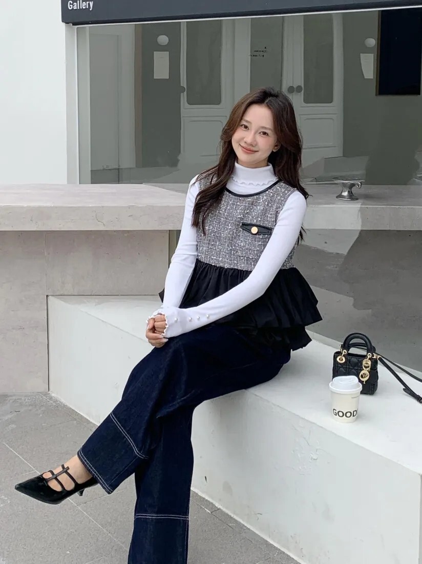 配色軟呢拼接澎澎裙擺造型背心上衣-S-M / 2色 (Elegant & Love)