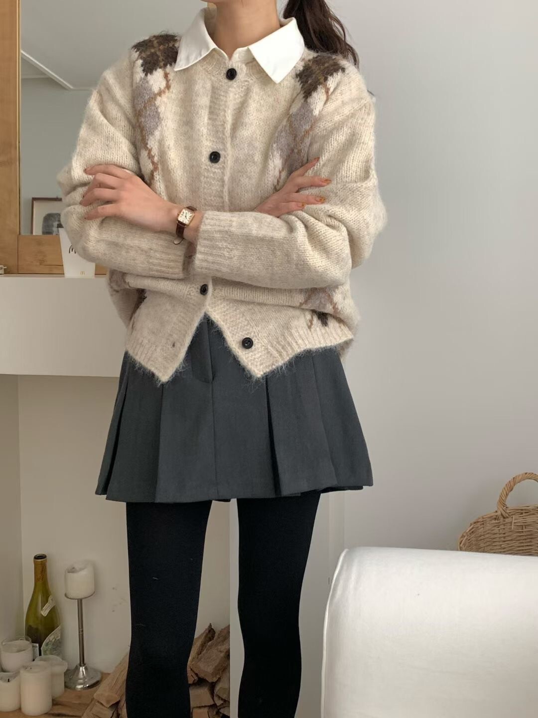 學院風配色菱格紋圓領排釦針織外套 / 3色