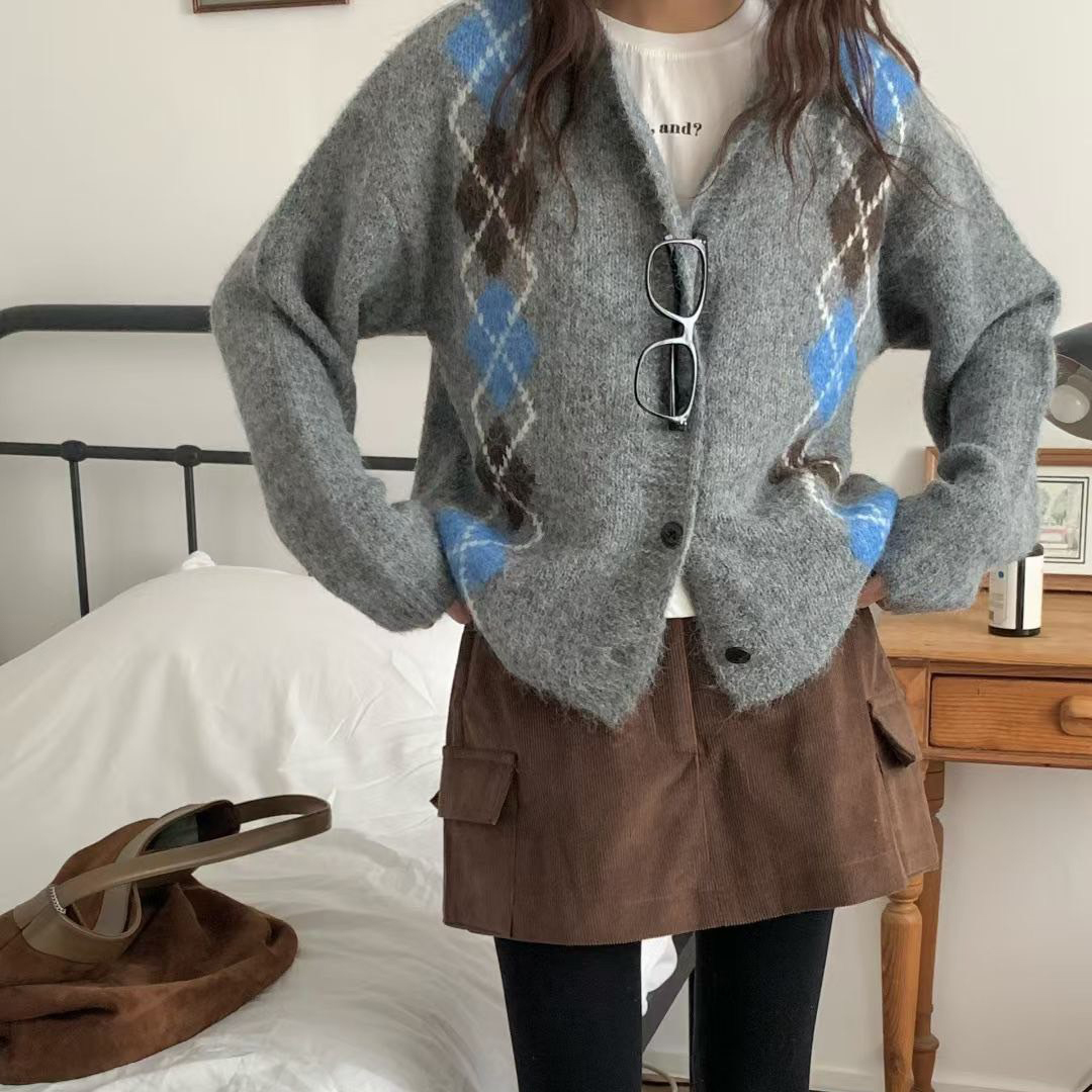 學院風配色菱格紋圓領排釦針織外套 / 3色