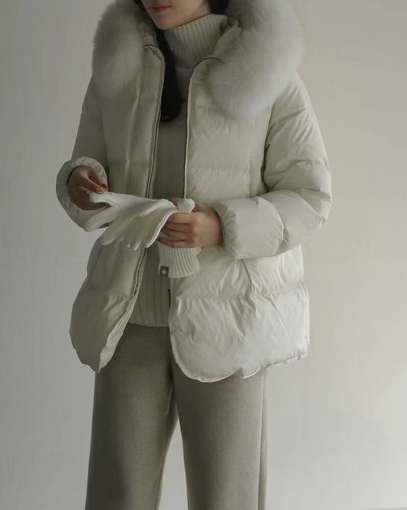 配色澎澎毛領連帽造型溫暖羽絨外套 / 3色