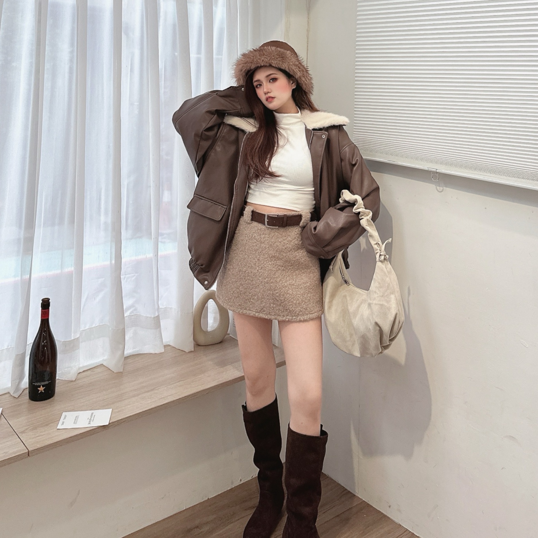 自留款翻領毛毛皮革外套/三色