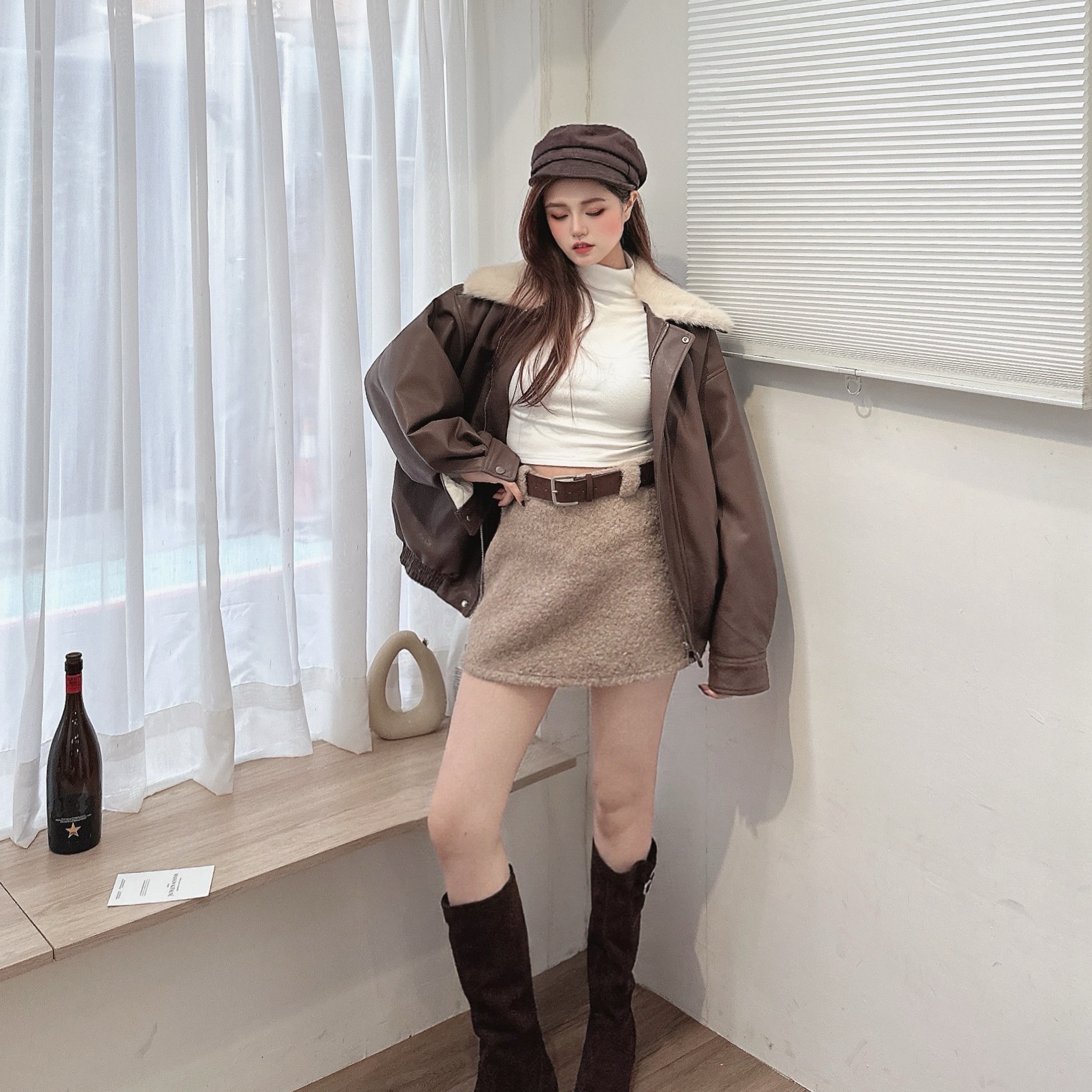 自留款翻領毛毛皮革外套/三色