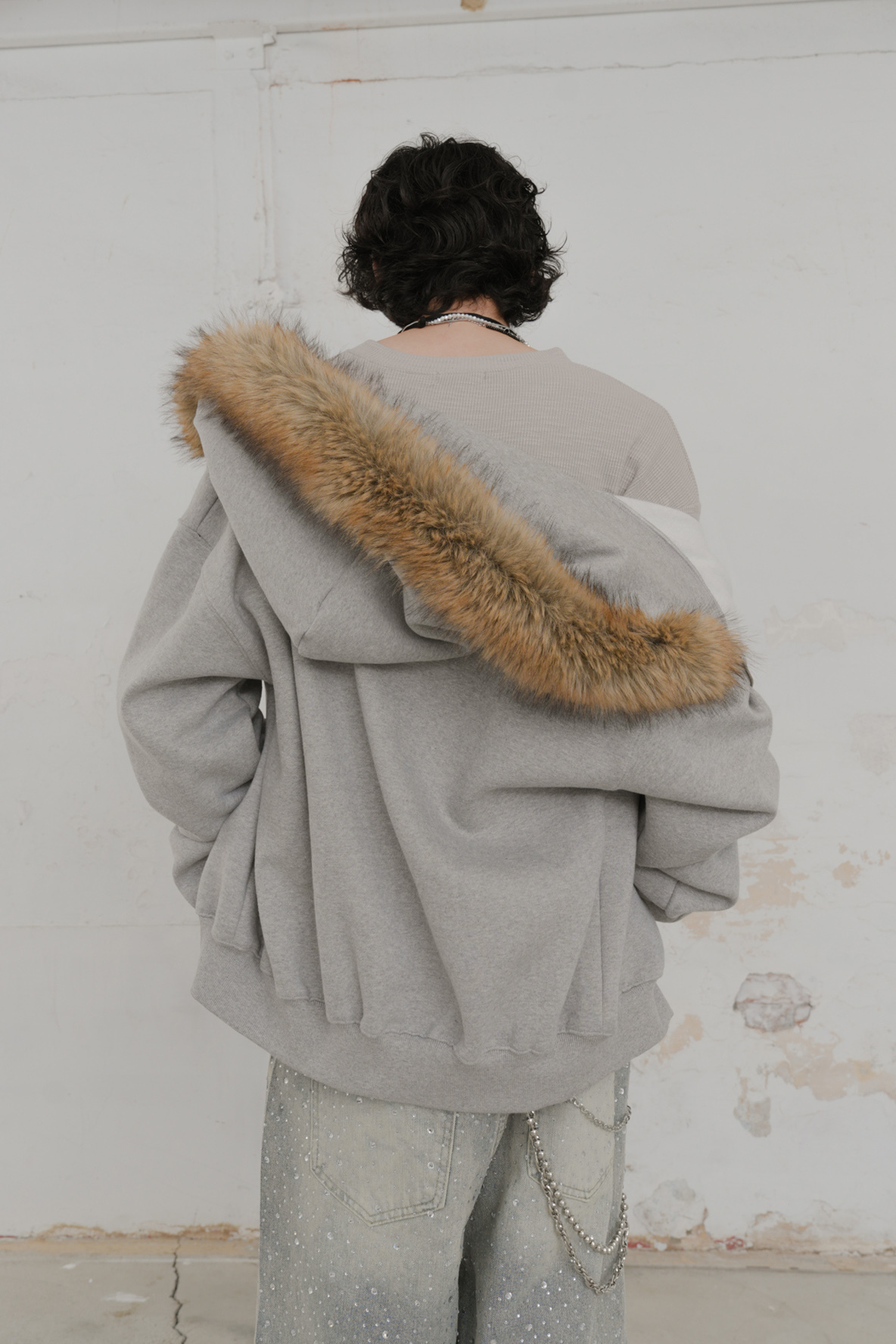 【Unisex】Studded Raccoon Fleece Zip-Up Hoodie #外套