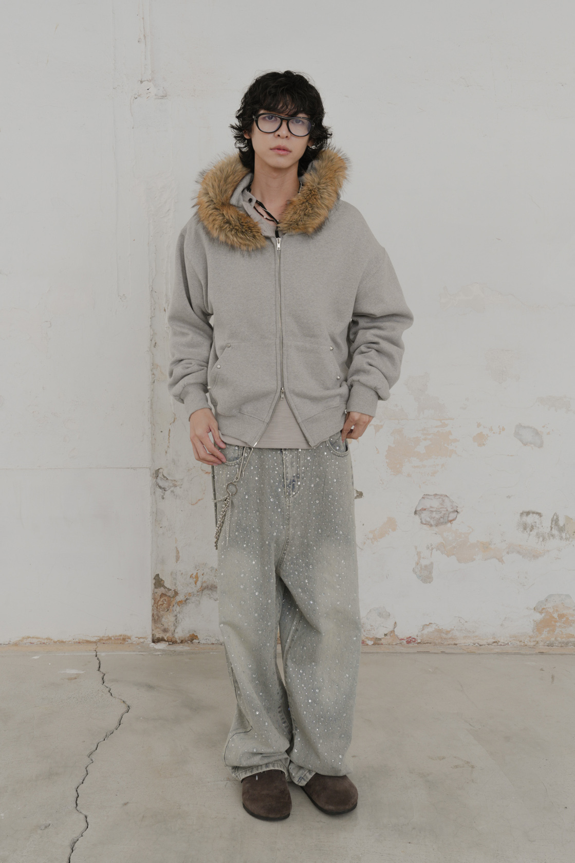 【Unisex】Studded Raccoon Fleece Zip-Up Hoodie #外套