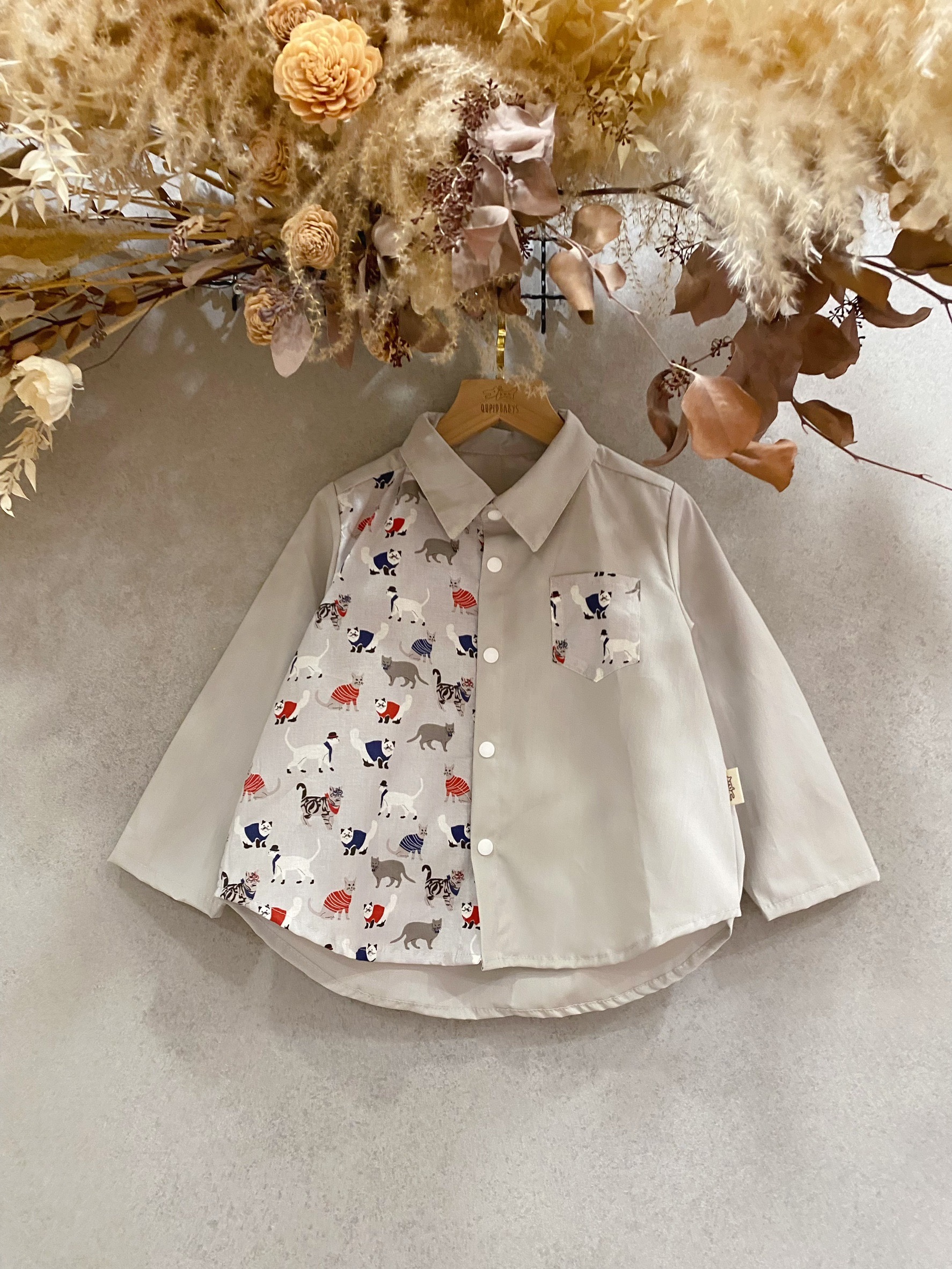 灰貓咪 拼接長袖襯衫（110）