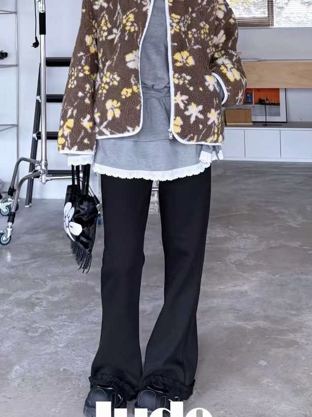 Dec5108 加絨有口袋時髦喇叭棉質休閒褲