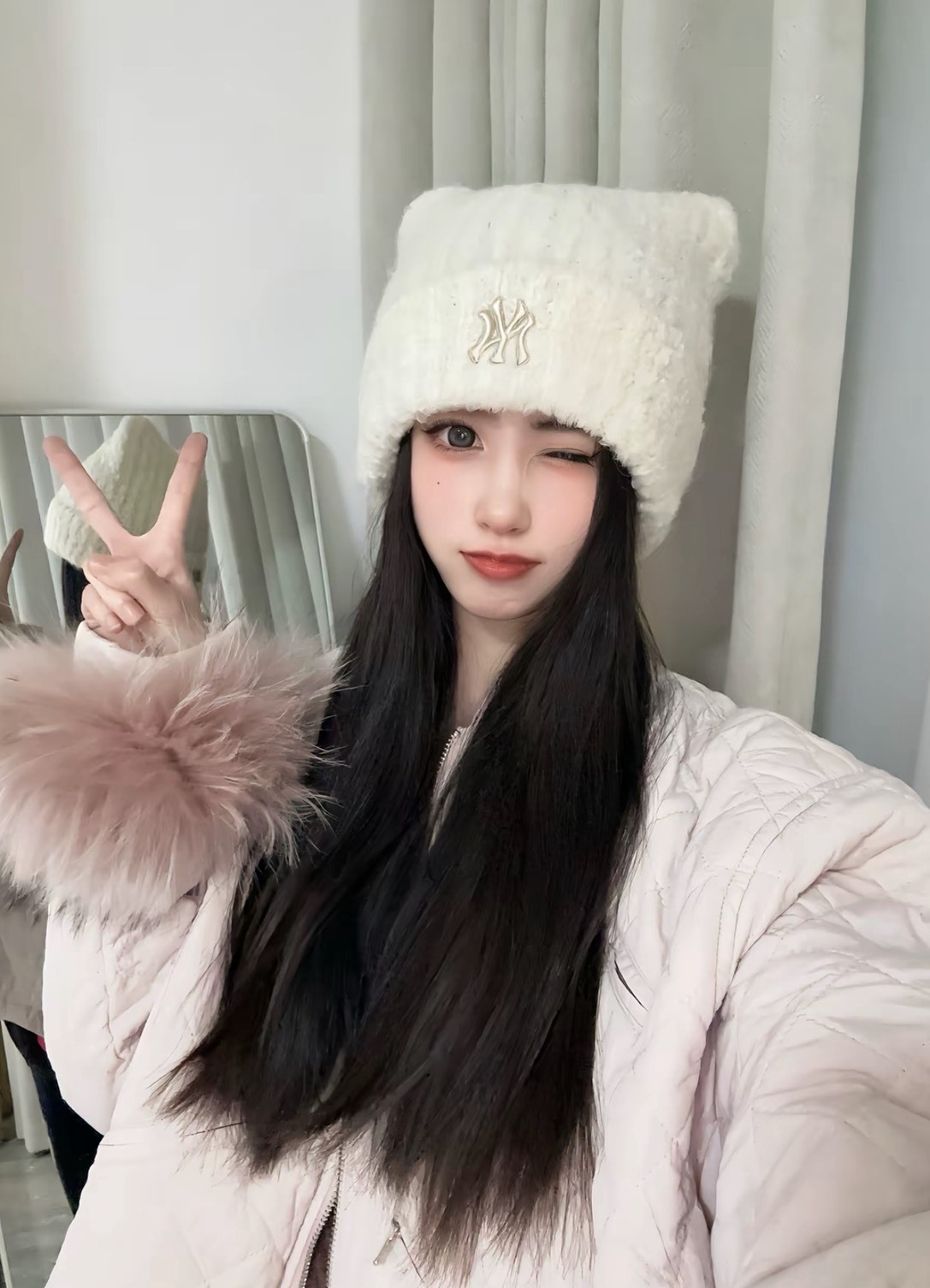 MLB 貓咪耳朵毛帽 白色款