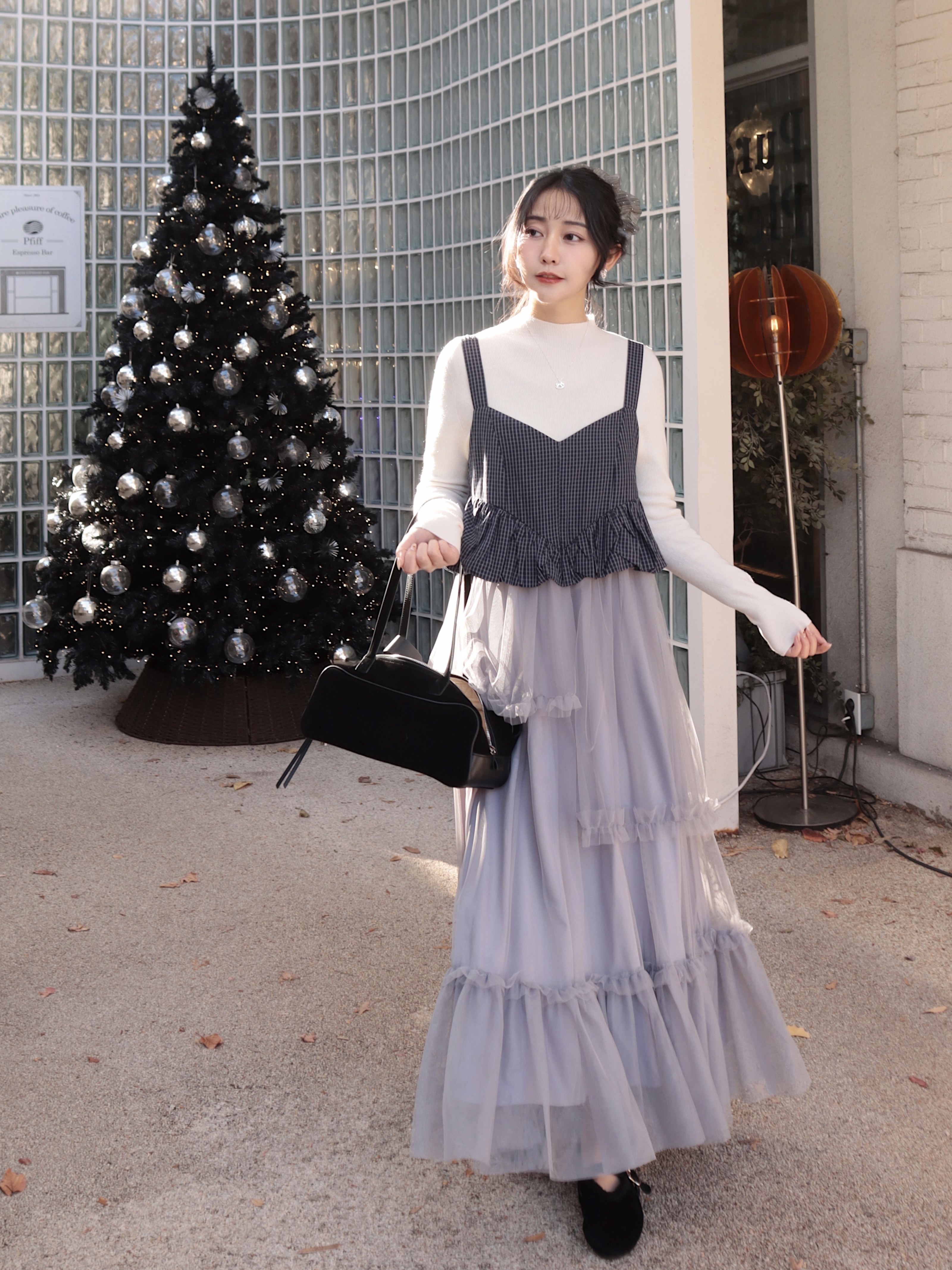 CG12 品牌自訂 冬日音樂盒 歐式格紋雲朵背心拼接不規則多層次紗裙吊帶洋裝