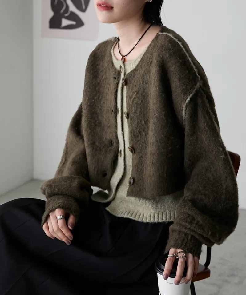 日本 forksy.混色 拉絨 假2件 短版 針織 開襟衫 4色