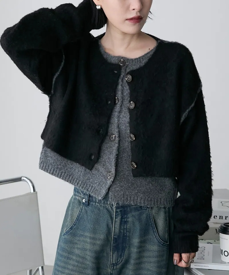 日本 forksy.混色 拉絨 假2件 短版 針織 開襟衫 4色