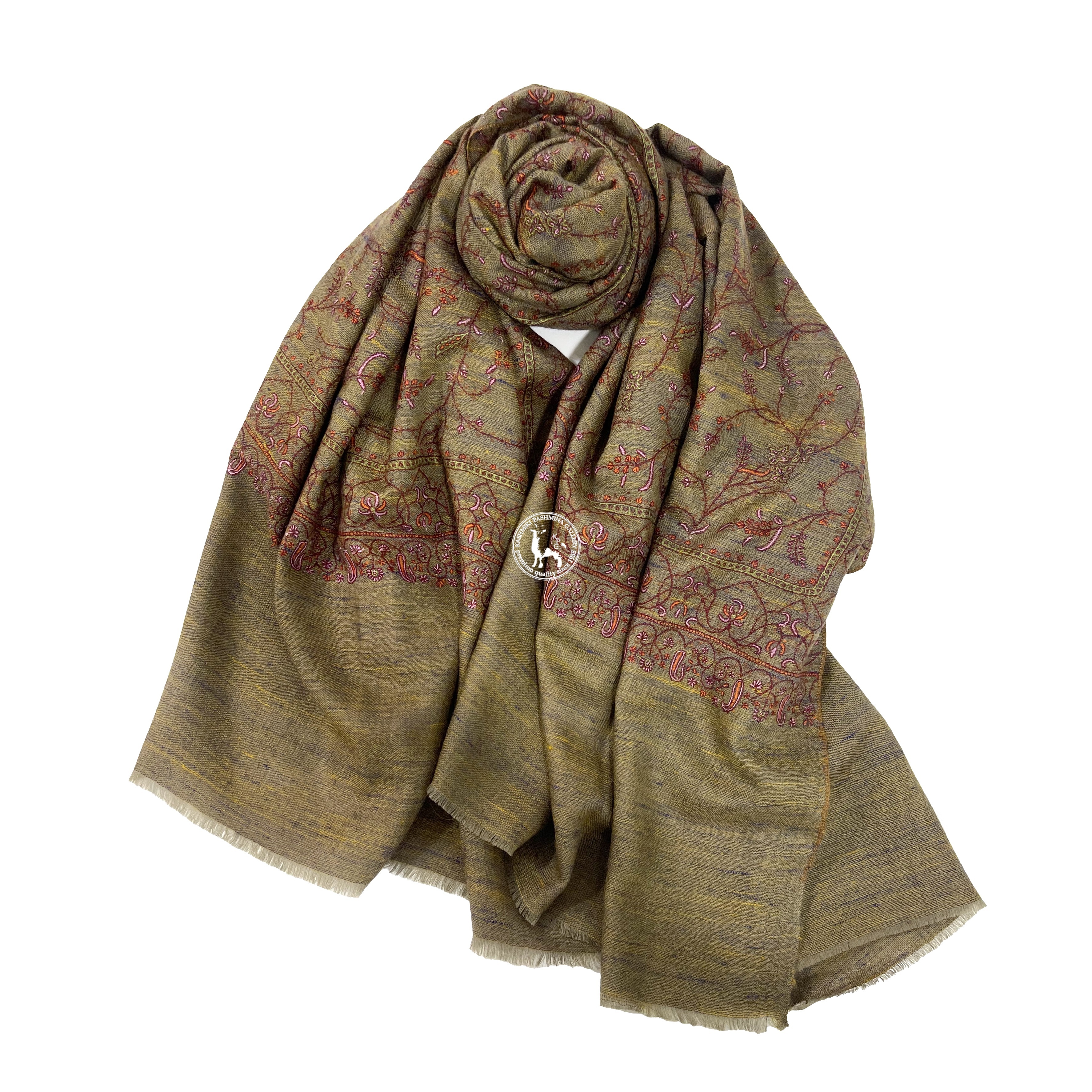 欖橄黃色卡尼橫紋圖案索茲尼刺繡羊絨圍巾