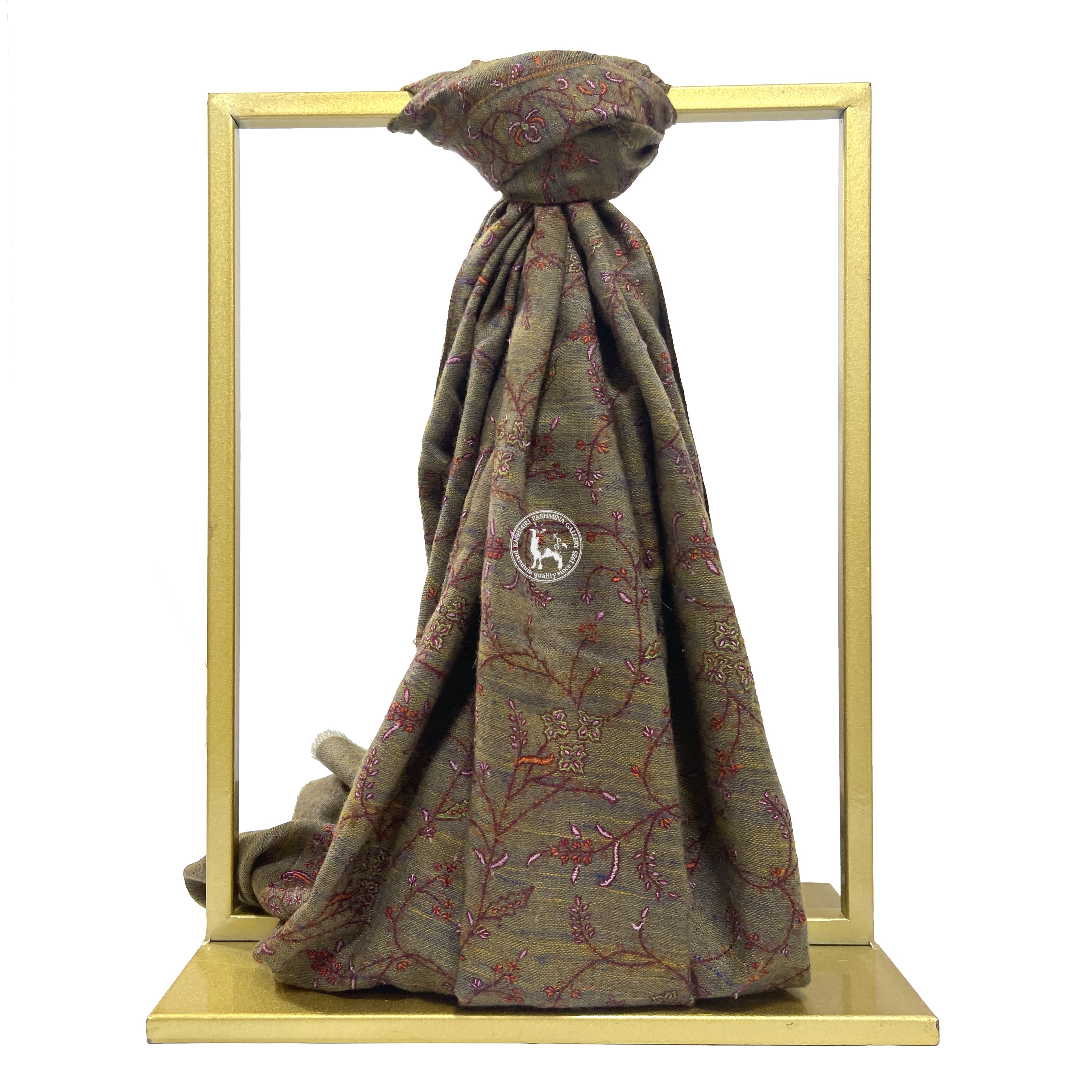 欖橄黃色卡尼橫紋圖案索茲尼刺繡羊絨圍巾