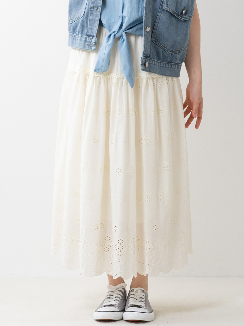 繡花棉布蕾絲細褶長裙