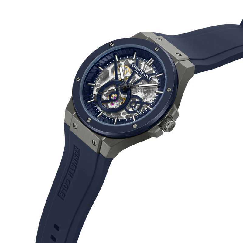 萬年鐘錶 - KENNETH COLE  美國紐約品牌  藍色透視機芯機械橡膠錶帶男錶 KCWGZ0080803 錶徑43MM