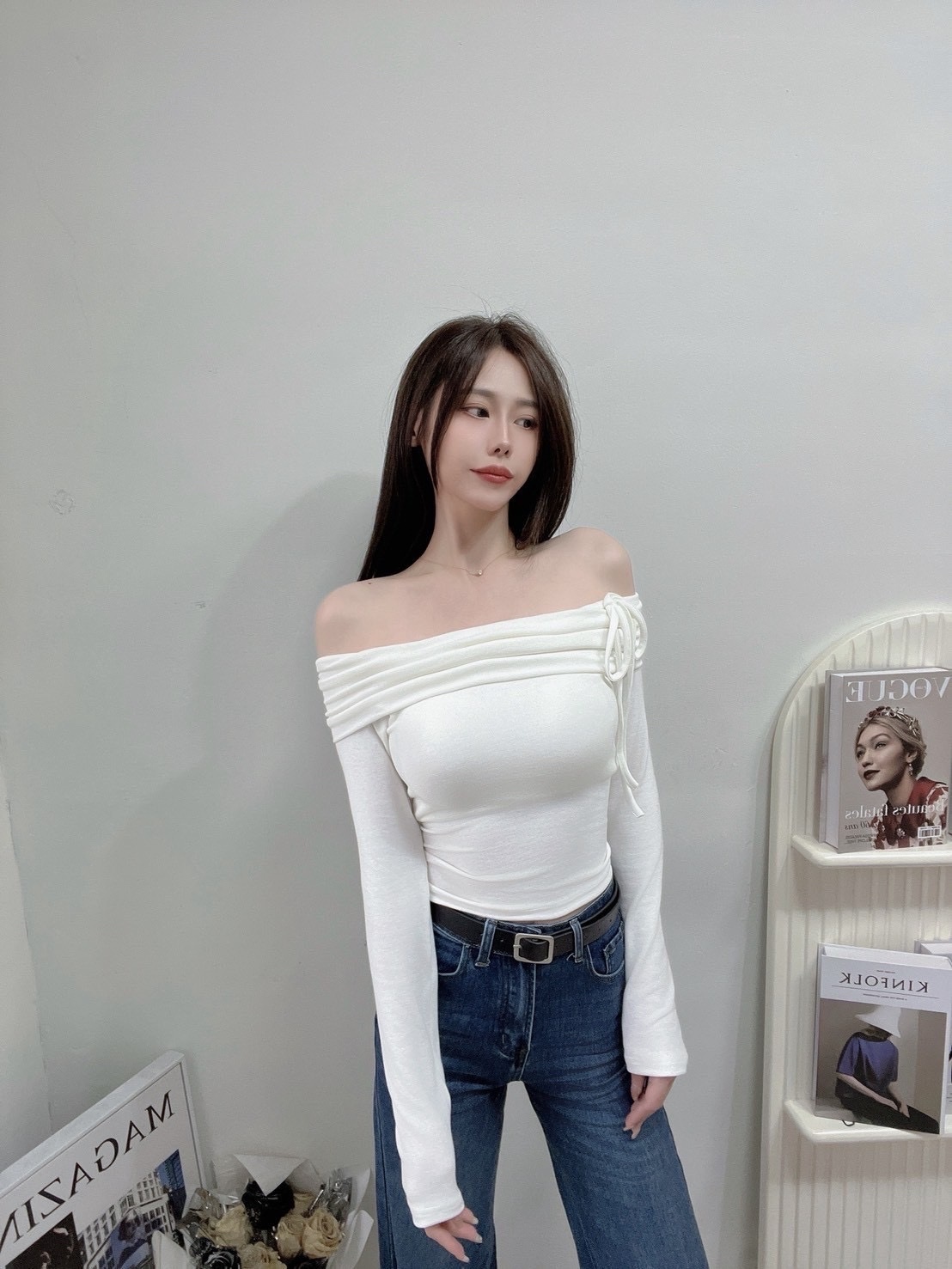 🇹🇼一字領綁帶罩杯抓皺上衣