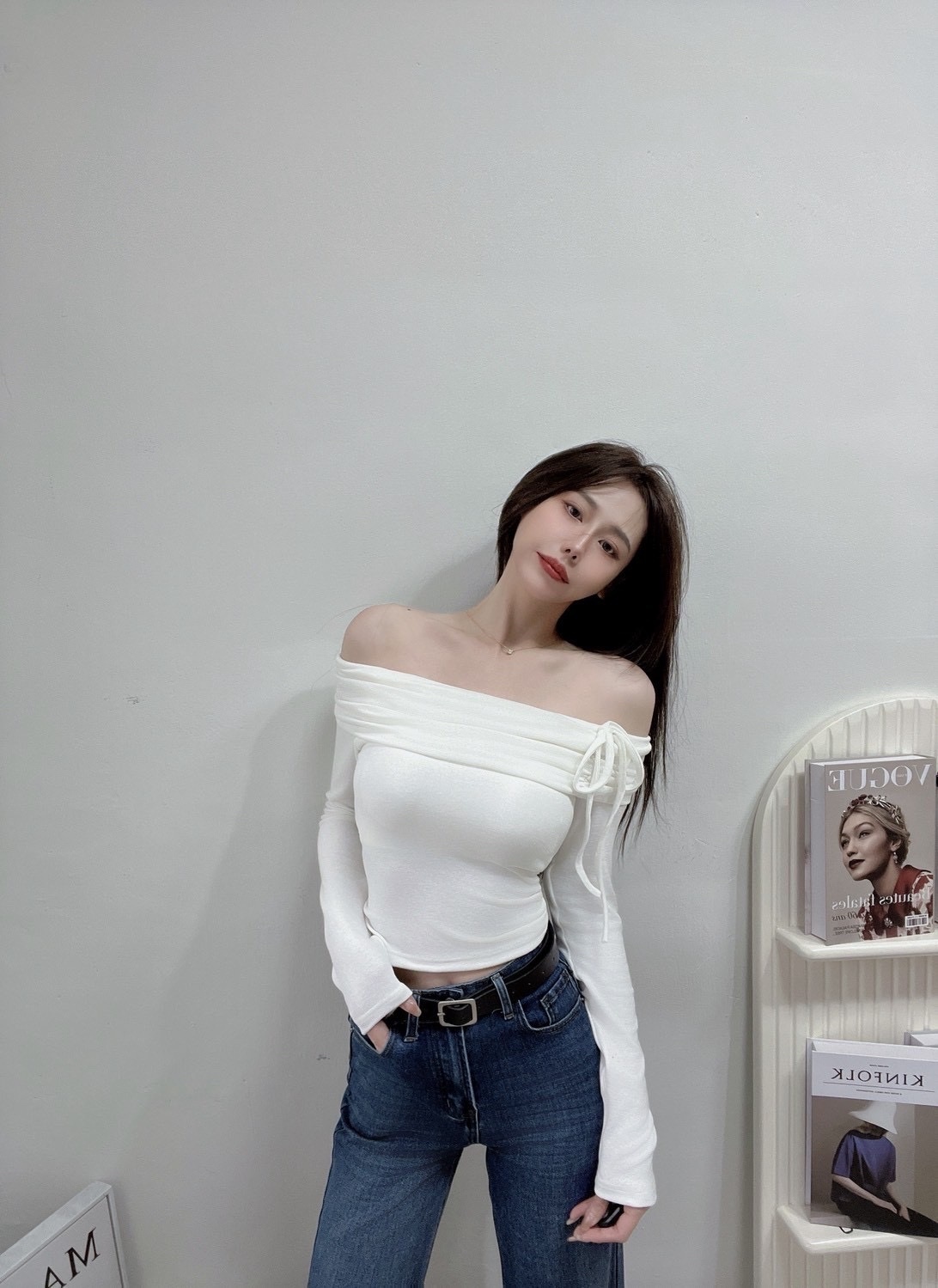 🇹🇼一字領綁帶罩杯抓皺上衣