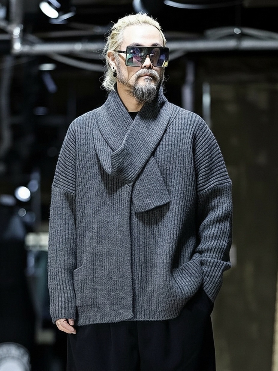 長披肩領針織開襟衫