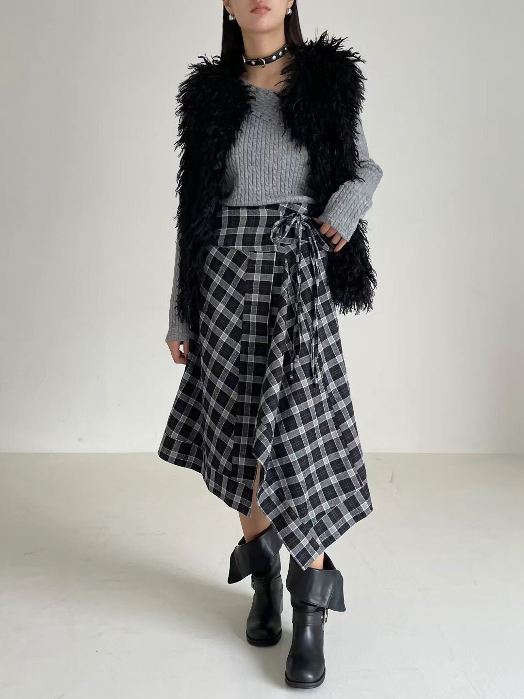 不規則格子綁帶長裙