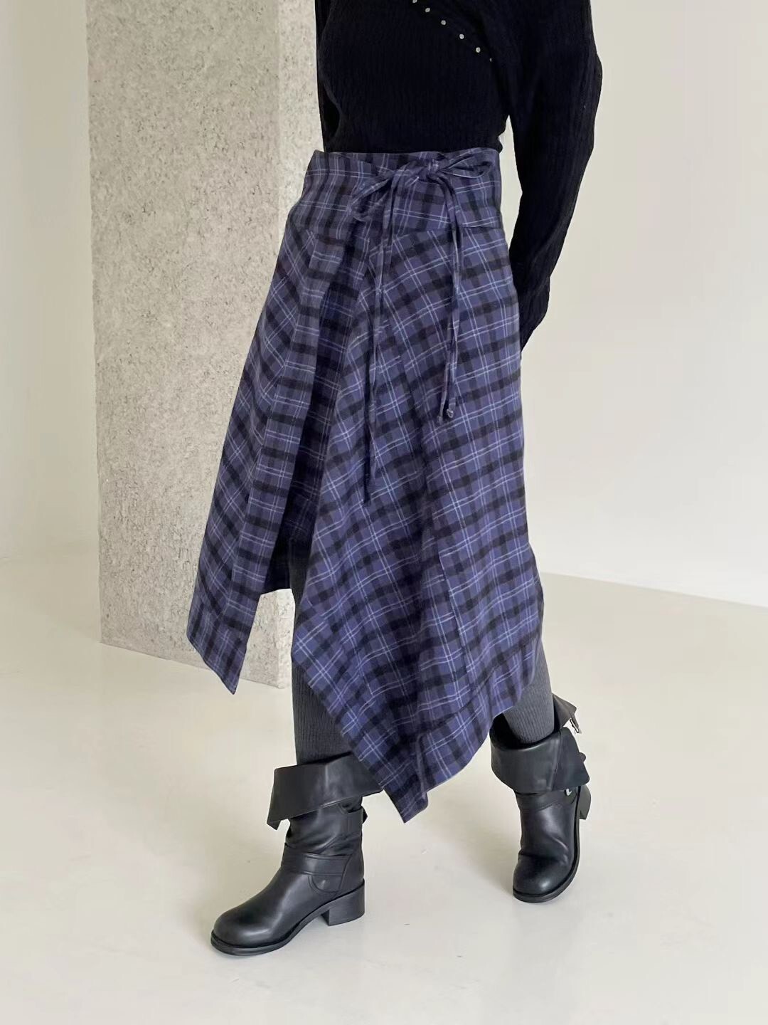 不規則格子綁帶長裙