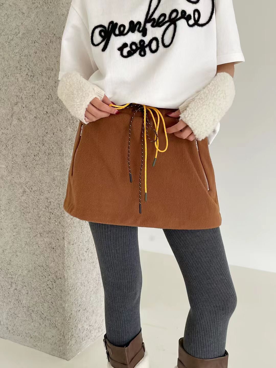 抓絨雙層配色短褲裙