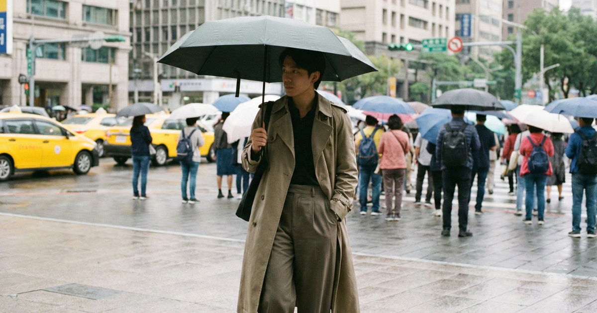 上班族手提公事包，在捷運出口撐著 JADEDROP 通勤雨傘走路上班的場景