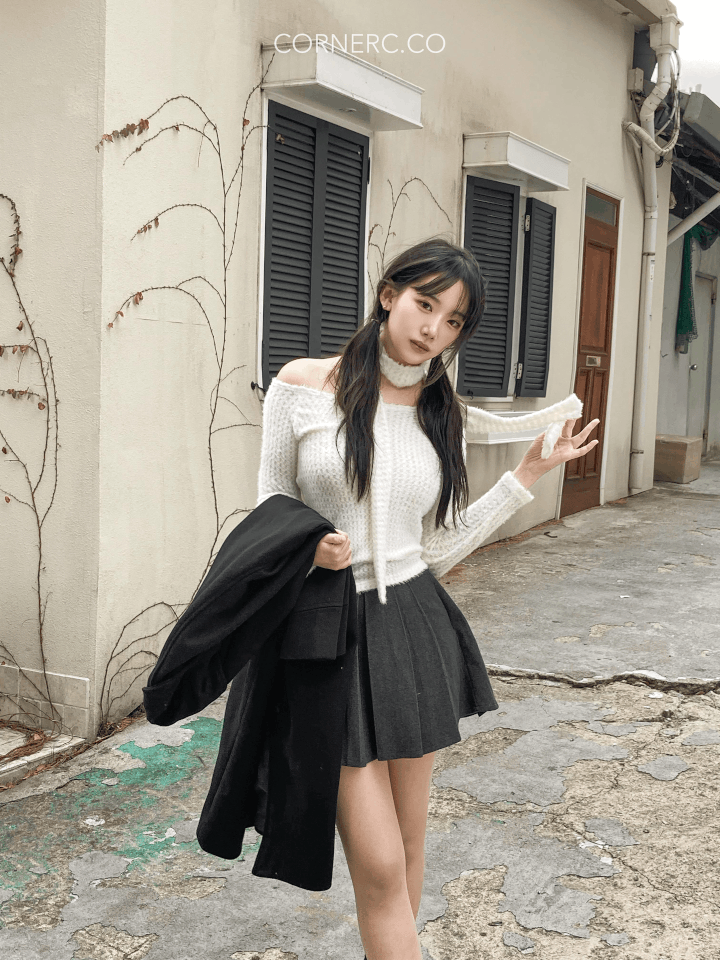 暗菱格Mix毛毛單肩針織Top Set〈🇰🇷DAY 3〉