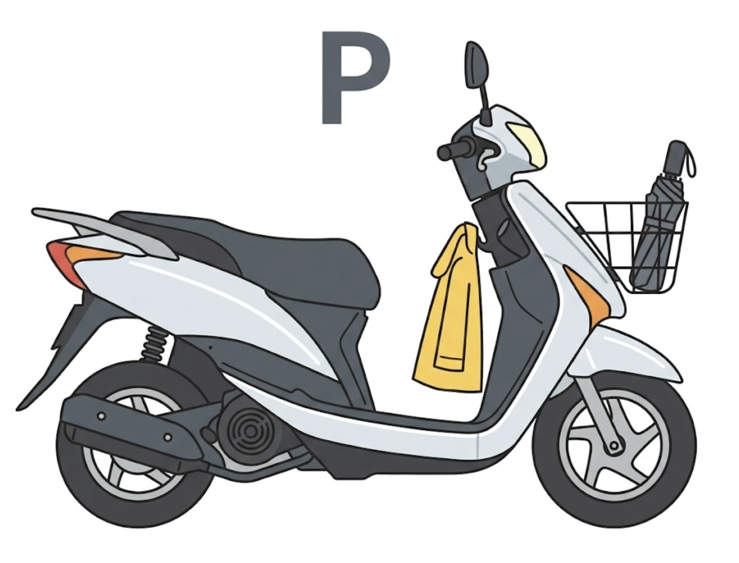 雨衣掛在機車上、折疊傘收在車籃裡的機車生活示意圖