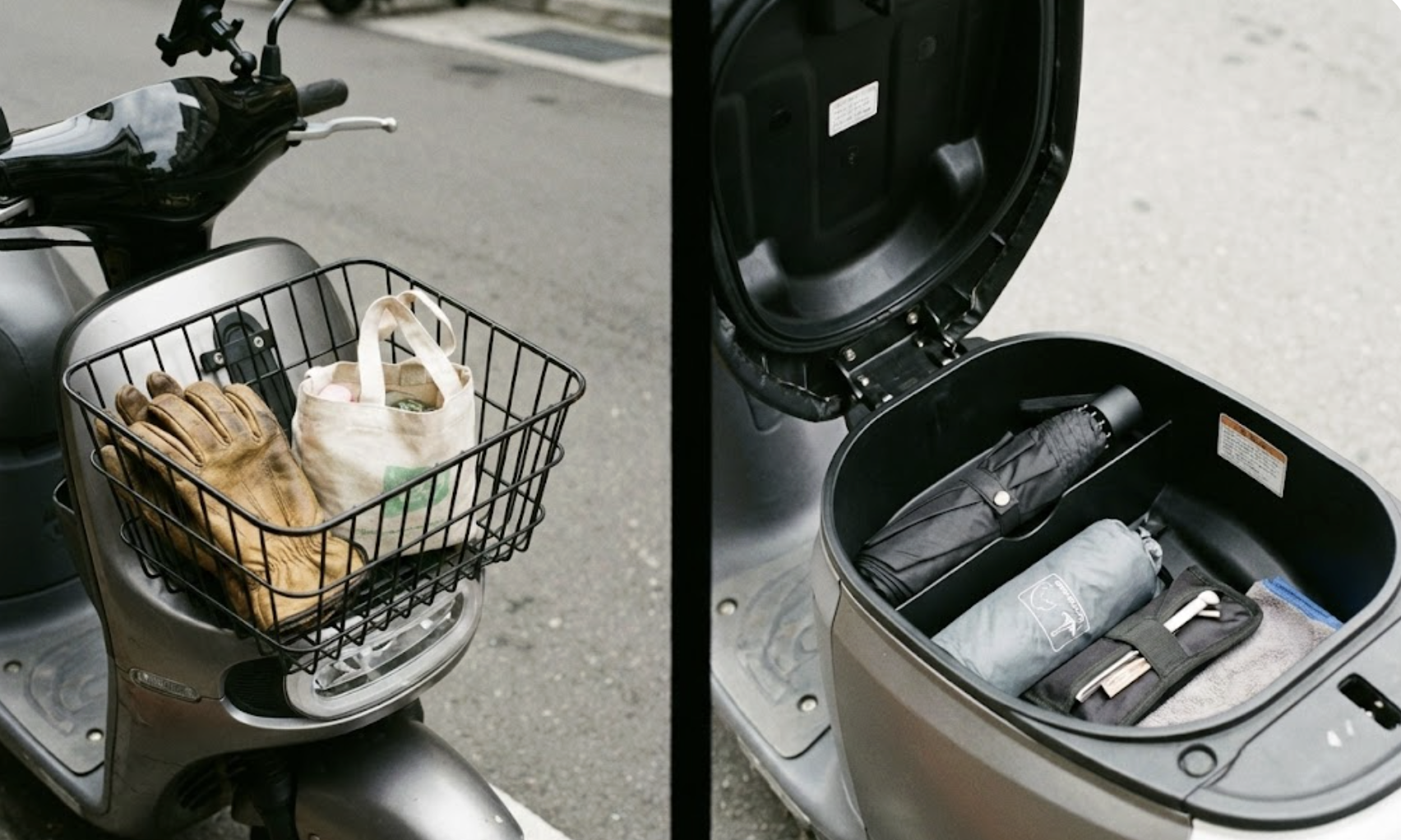折疊傘整齊放在機車前車籃與坐墊下收納空間的近拍畫面