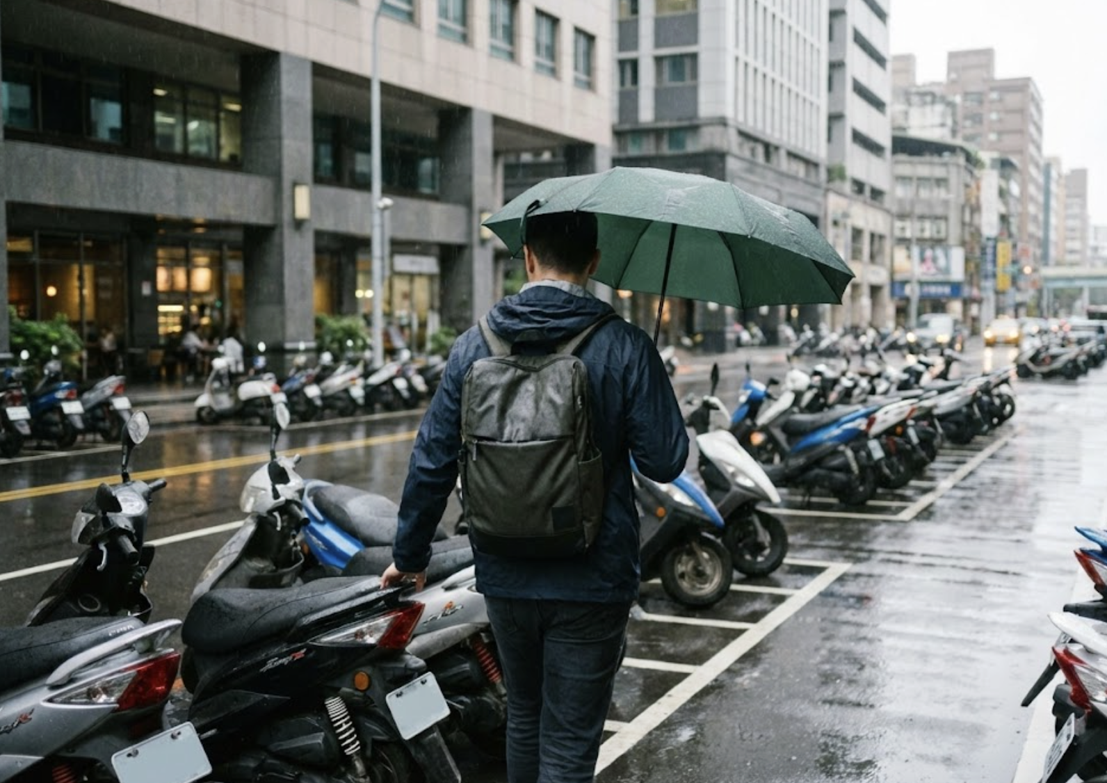 雨天把機車停好後，撐著折疊傘走向辦公室與咖啡店的通勤族