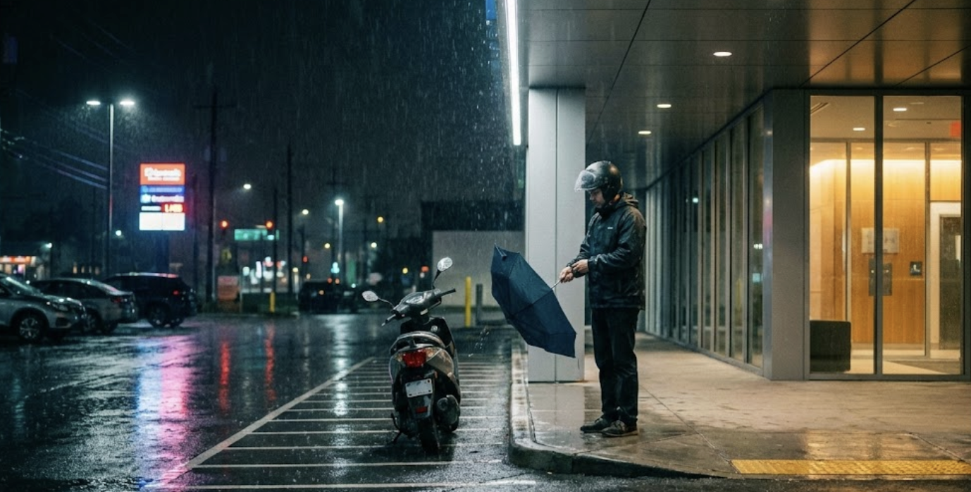 雨夜裡機車族在建物門口收傘、防止滴水一地的情境