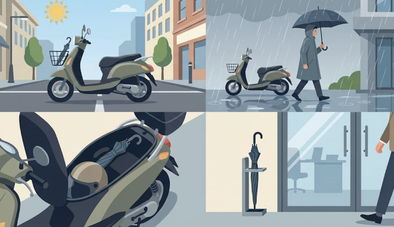 機車停車、步行、進辦公室與雨傘收納多情境拼貼圖