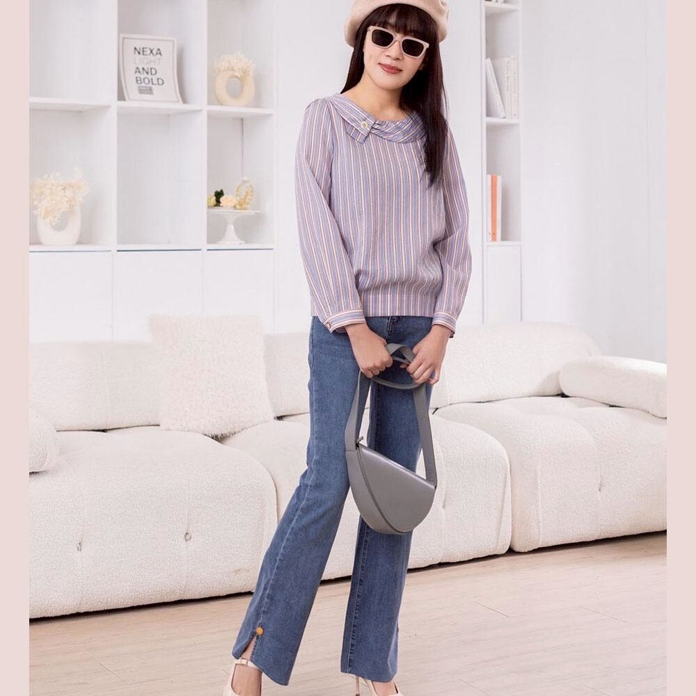 OL韓版甜美氣質優雅領片蝴蝶釦造型修身條紋上衣X6011