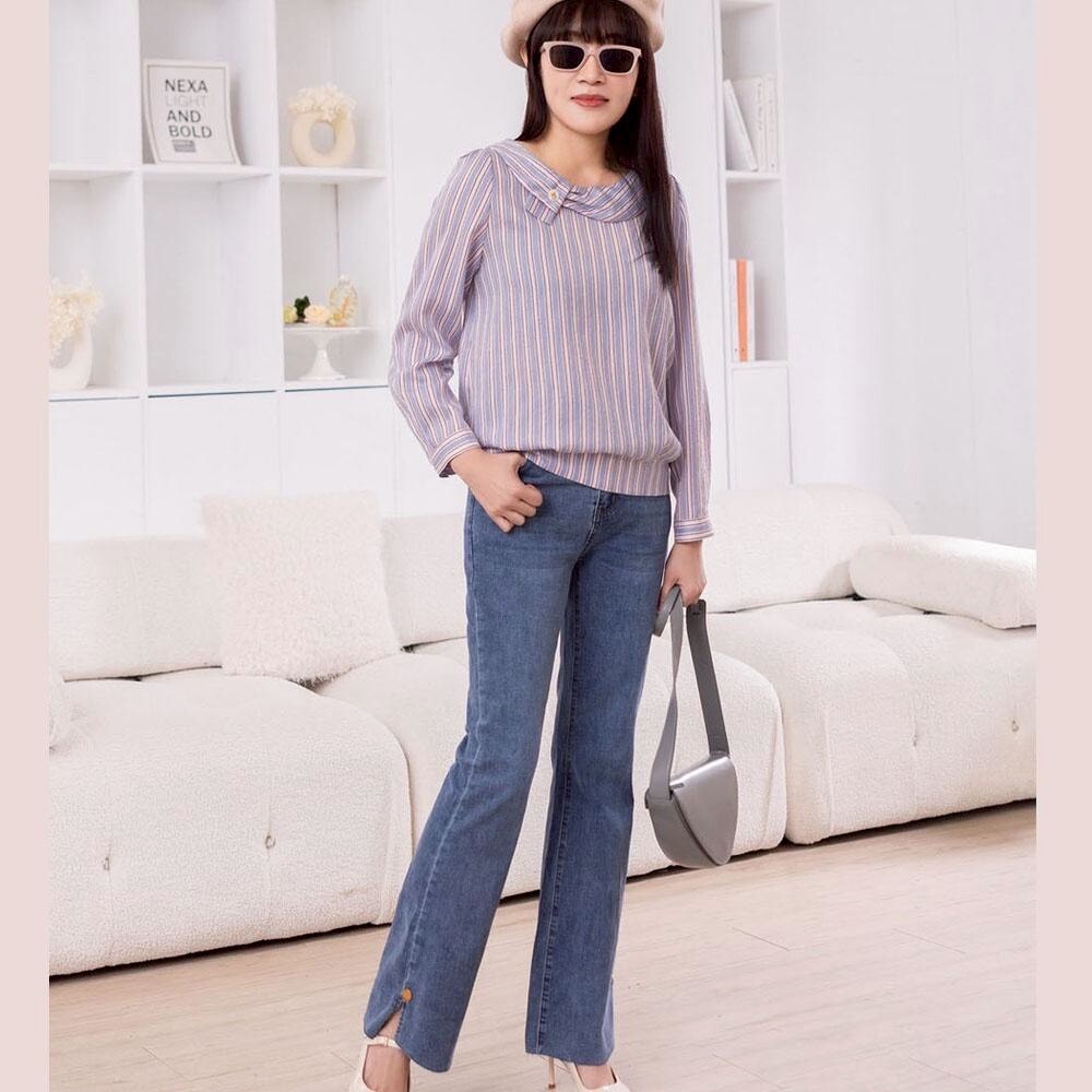 OL韓版甜美氣質優雅領片蝴蝶釦造型修身條紋上衣X6011