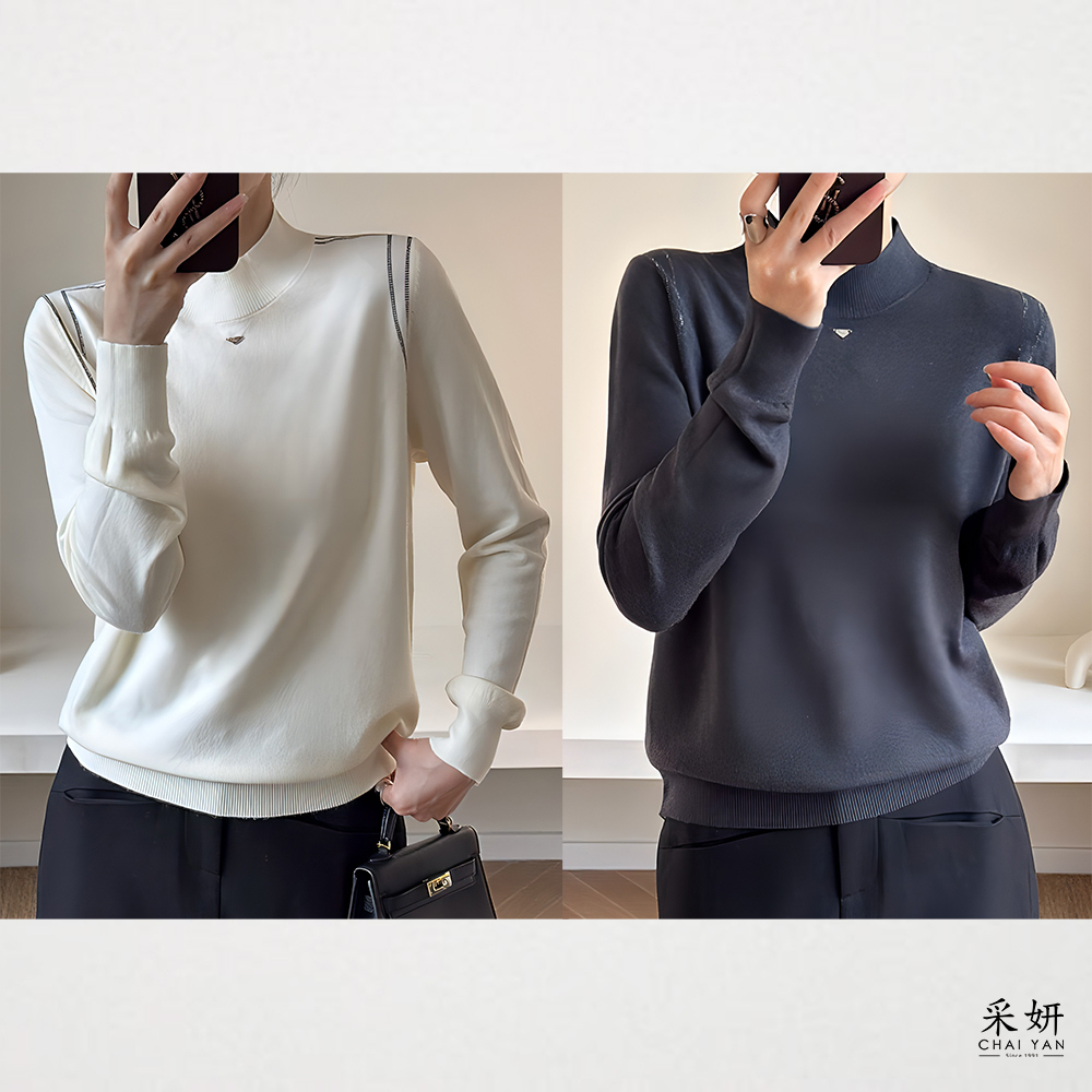 肩袖水鑽微高領針織長袖上衣