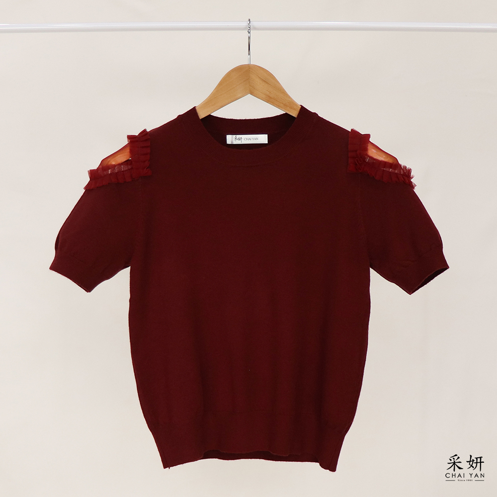 肩袖簍空紗圓領針織短袖上衣