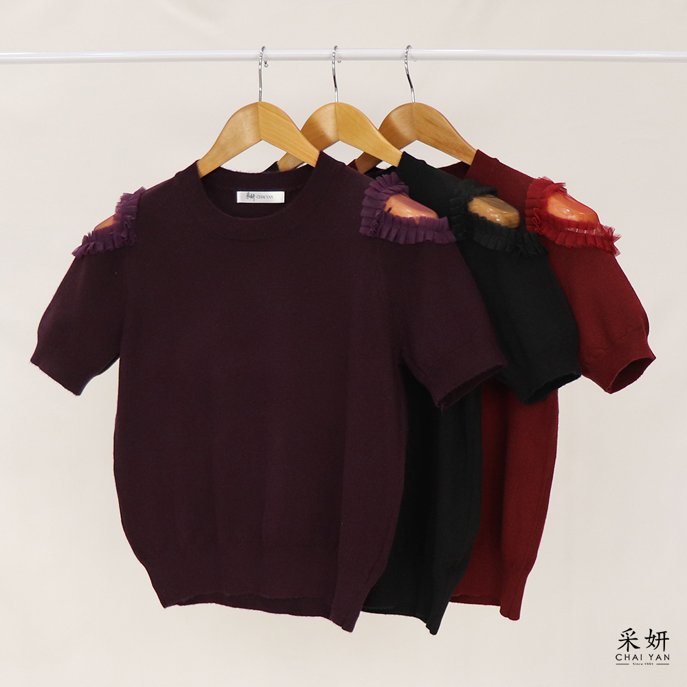 肩袖簍空紗圓領針織短袖上衣