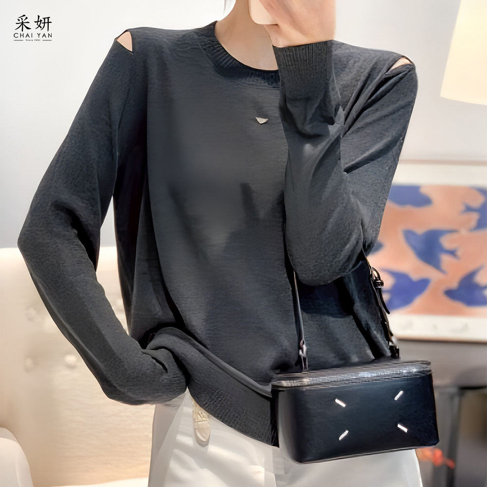 肩袖開口細針織長袖上衣